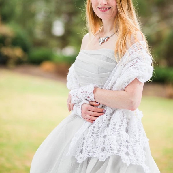 Ensemble de conte de fées, Châle au crochet en dentelle, Gants assortis, Wrap de mariage, Écharpe de mariée, Feuilles et fleurs, Bordure de fleurs, Wrap rectangulaire, Doux