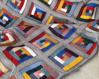 Rainbow Wool Blanket, Log Cabin Blanket, Hand Knit Afghan, Soft Cotton Lining, Cozy Wool Throw, Twin Size, Queen Size, Multicolor, Bed Cover