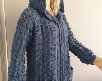 Fall Beauty Cardi, Crochet Cardigan, with POCKETS, Slouchy Sweater, HOODED Vest, Size XS to 5X, Long Sleeves, Cuff Bishop, Bordering Trim