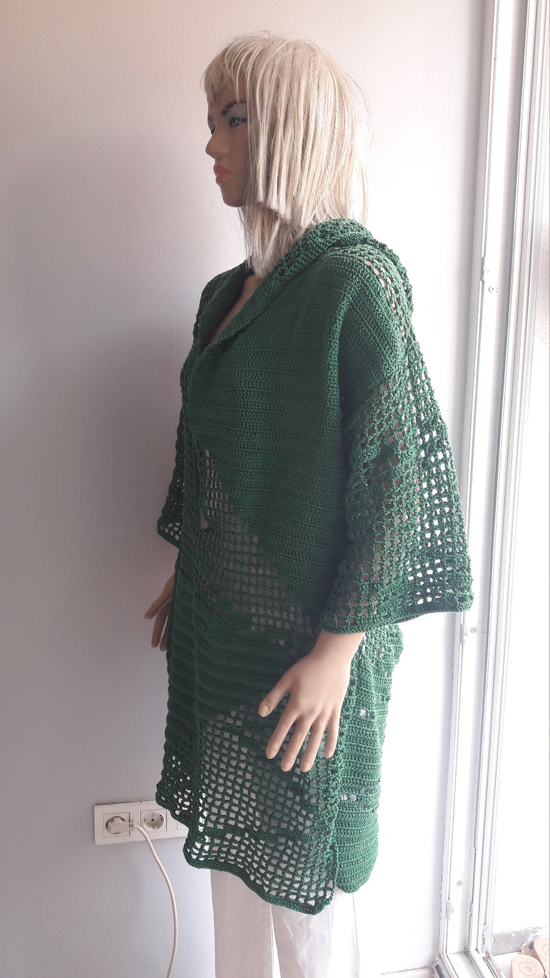 Seaside Cover Up Tunic Mini Cotton Dress Crochet Beach Cover Mystery Dress Half Sleeve WOW Oversize Open Back HOODED Slouchy DRESS