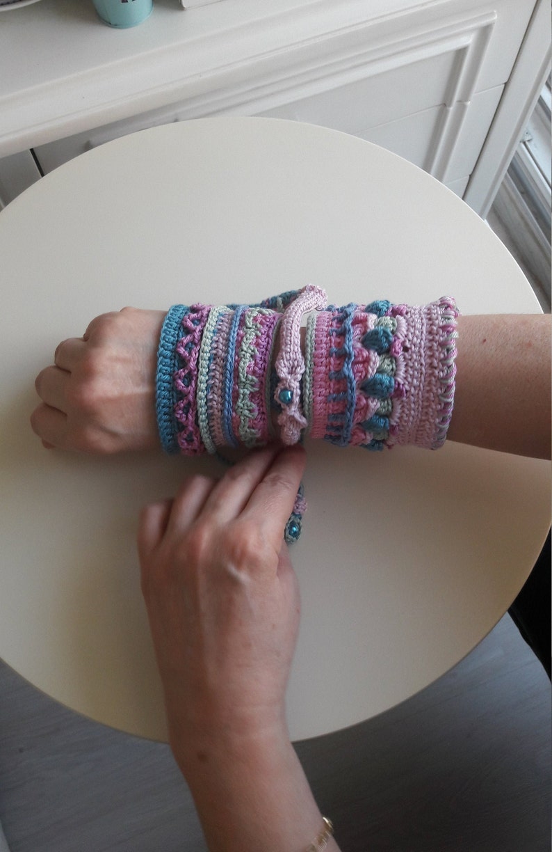 Sunshine 3D Motives Crochet Mandala Cuff Two Sided Multi Color 3 Pieces Bracelet Double Sided Reversible Bracelet Beaded Tie Cords
