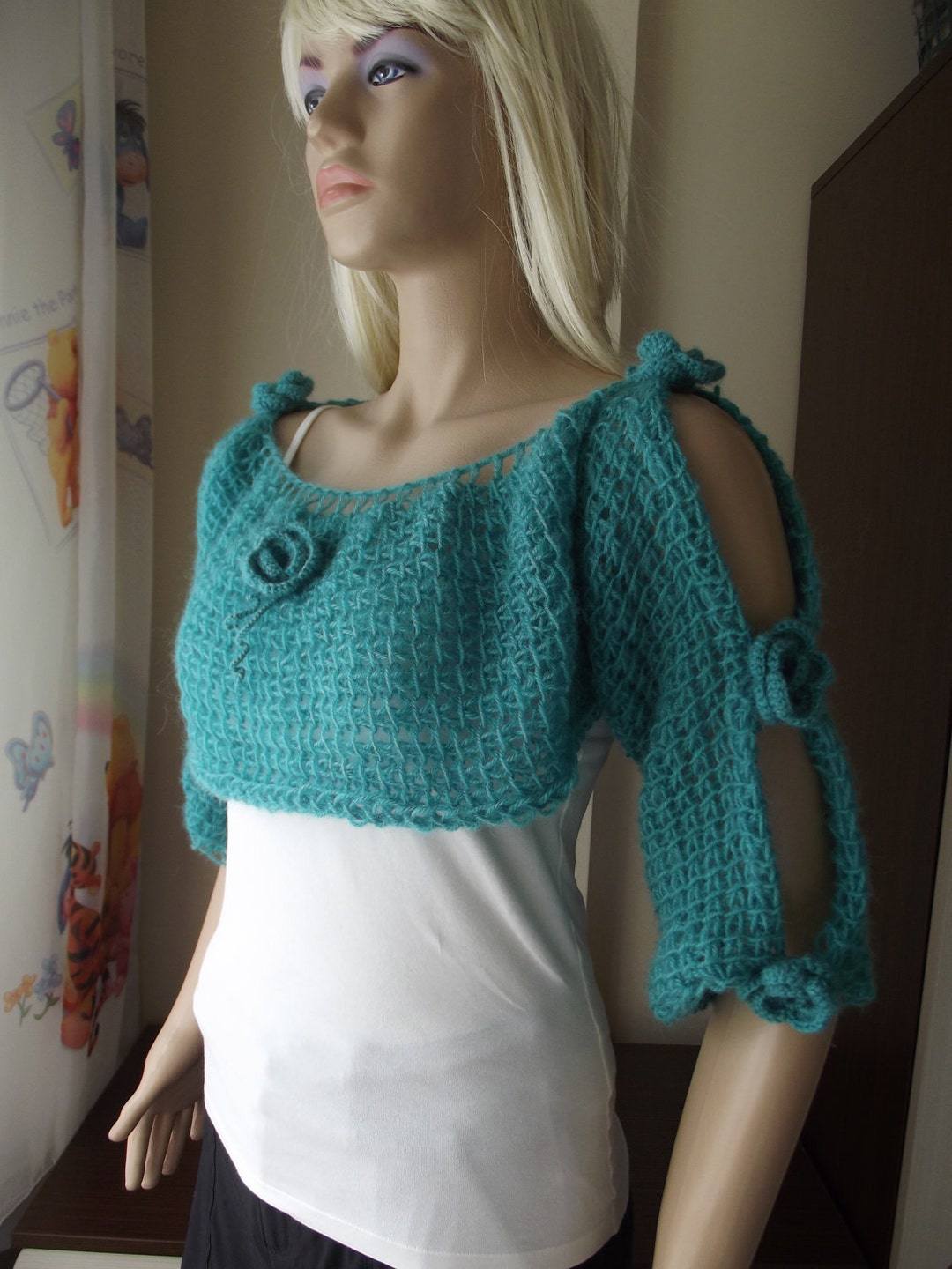 Rose Garden SHRUG, Sweater With ROSES, Crochet Bolero, Wooly Soft Shrug, Slits and Holes, Warm