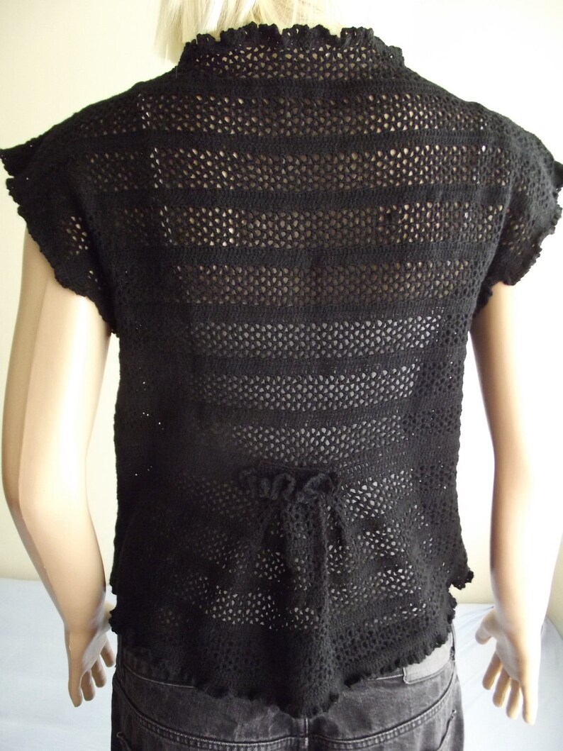 V Neck Crochet Sweater Lacy Vest Back Detail Ruffled Vest Lacy Sweater Black Vest Fine Vest Crochet Vest Bias Vest OOAK Vest