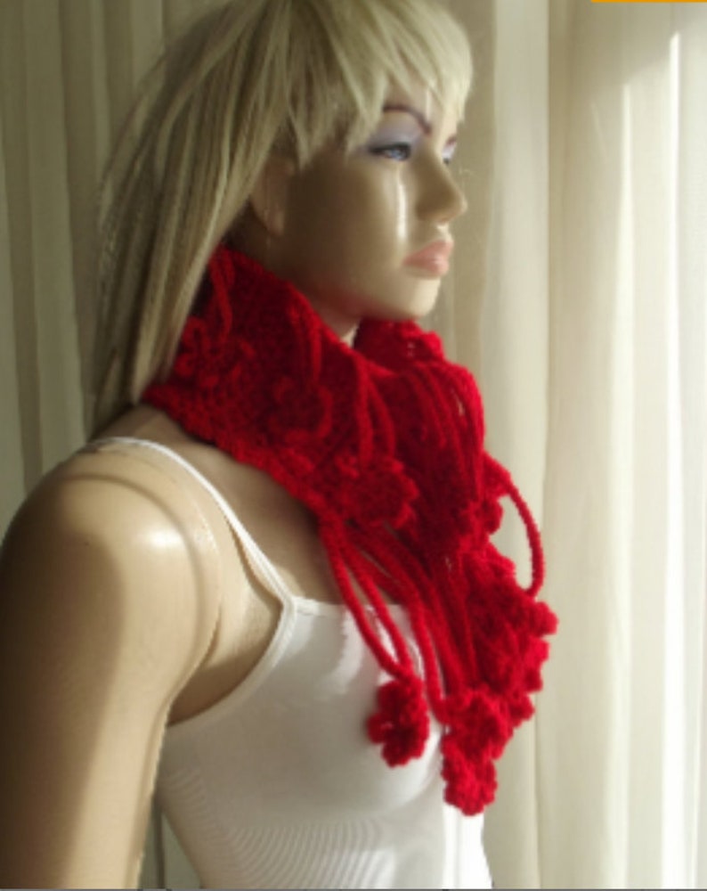 Winter Flowers, of Anatolia, Crochet Cowl, Fringed Neckwarmer, Tie Scarflette, Head Band, Cords, Fall Winter, Gift for Her, Swinging Flowers image 6