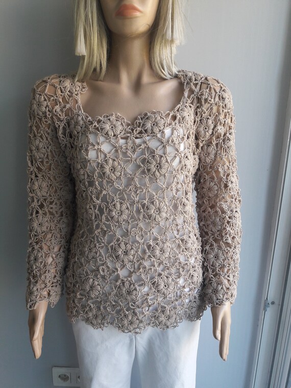 Top de flores encantadoras blusa de ganchillo de encaje transparente manga larga hermosos bordes flores hinchadas cuello en U primavera verano regalo para ella Etsy Mexico
