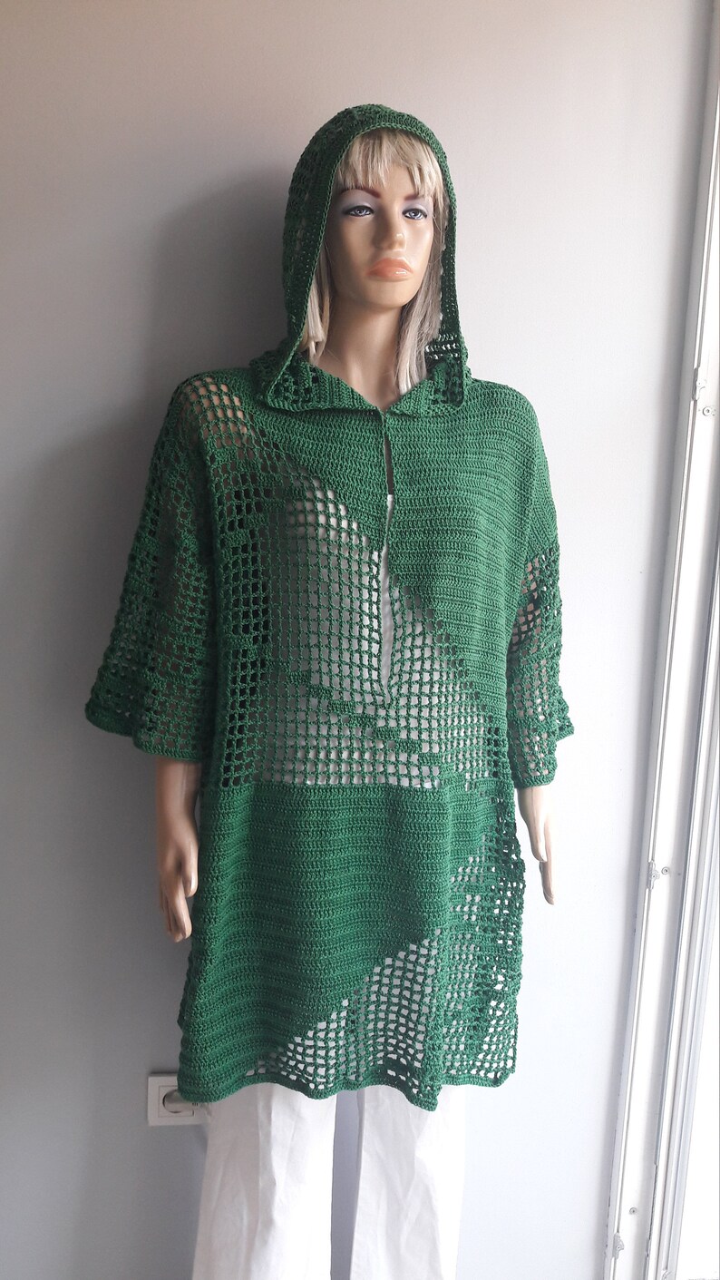 Seaside Cover Up Tunic Mini Cotton Dress Crochet Beach Cover Mystery Dress Half Sleeve WOW Oversize Open Back HOODED Slouchy DRESS