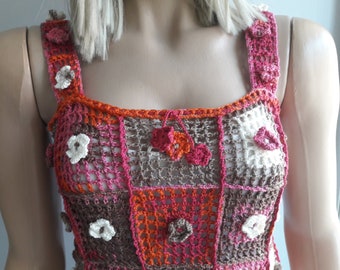 Feelings, Crochet Crop Top, Granny Squares Top, Flowers Blouse, Summer Top, Sleeveless, Variegated Top, Multicolor or Solid, Lacy Top