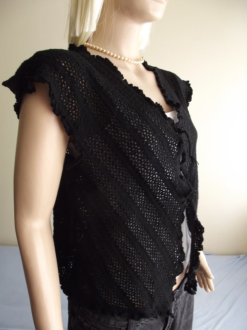 V Neck Crochet Sweater Lacy Vest Back Detail Ruffled Vest Lacy Sweater Black Vest Fine Vest Crochet Vest Bias Vest OOAK Vest