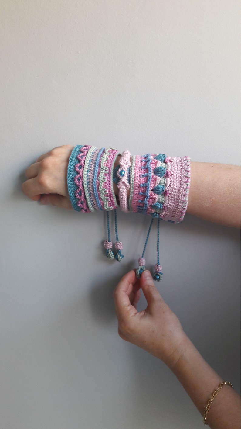 Sunshine 3D Motives Crochet Mandala Cuff Two Sided Multi Color 3 Pieces Bracelet Double Sided Reversible Bracelet Beaded Tie Cords