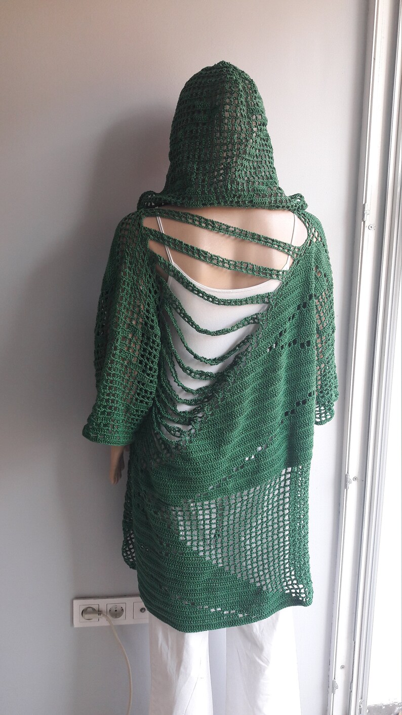 Seaside Cover Up Tunic Mini Cotton Dress Crochet Beach Cover Mystery Dress Half Sleeve WOW Oversize Open Back HOODED Slouchy DRESS