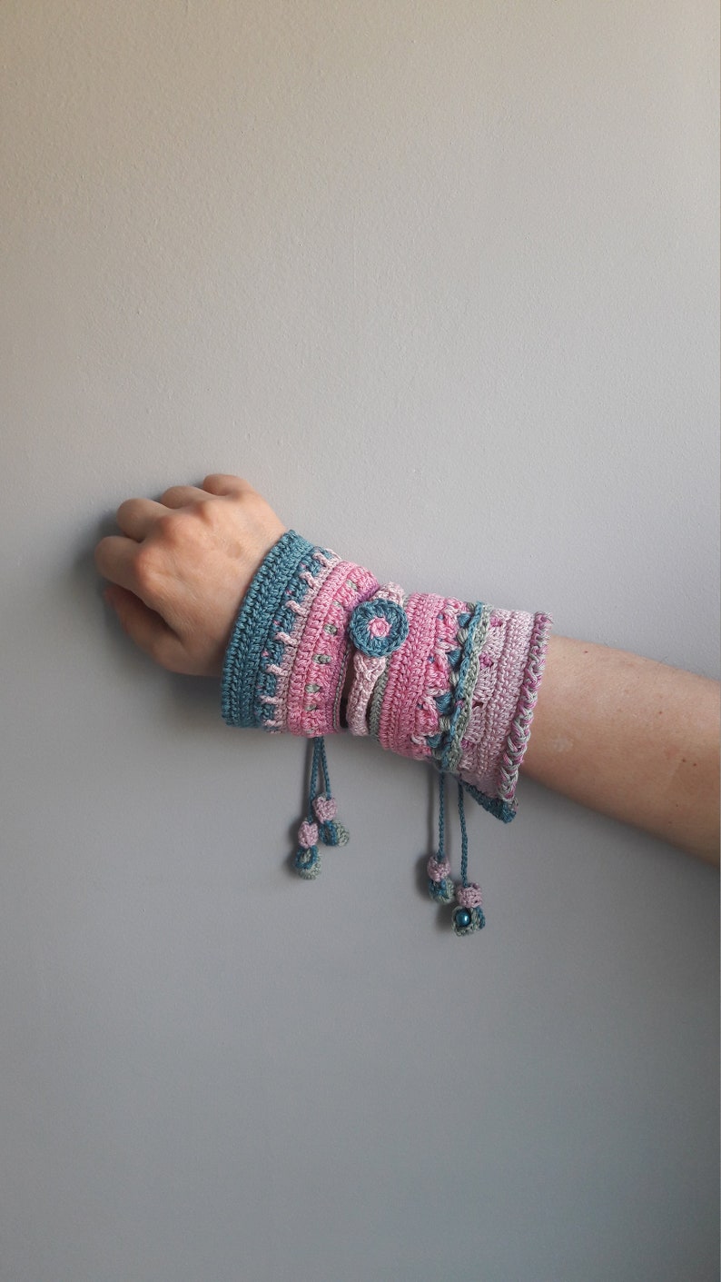 Sunshine 3D Motives Crochet Mandala Cuff Two Sided Multi Color 3 Pieces Bracelet Double Sided Reversible Bracelet Beaded Tie Cords