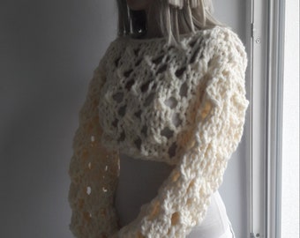 Funny, THICK KNIT Sweater, Thick Lacy Bolero, Lacy Knit Shrug, Hand Knit SHRUG, 12 inches High, Long Sleeved Shrug, Thick Wooly Airy, Gift