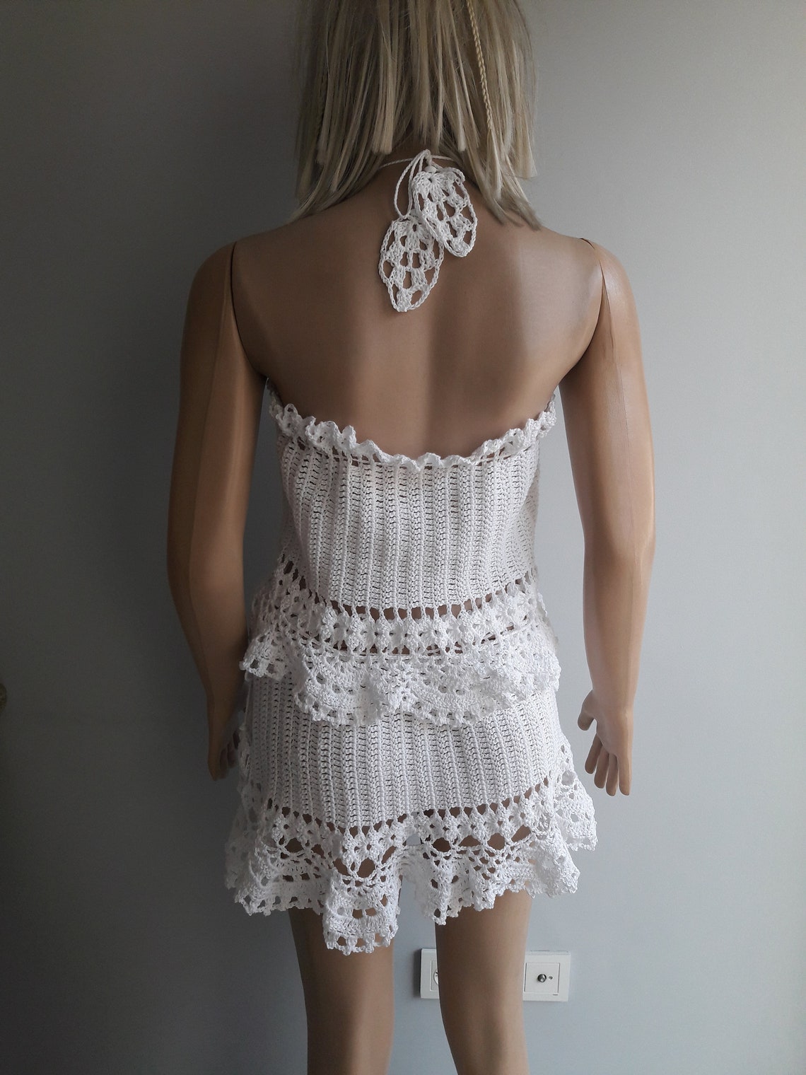 Sexy Crochet Floral Halter Top and Stretch Knit Beach Cover Up Skirt Set