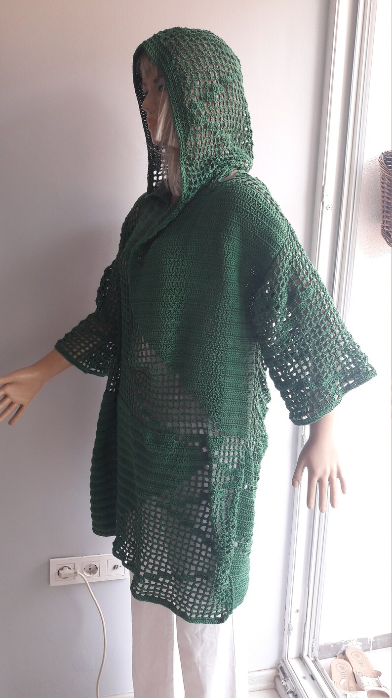 Seaside Cover Up Tunic Mini Cotton Dress Crochet Beach Cover Mystery Dress Half Sleeve WOW Oversize Open Back HOODED Slouchy DRESS