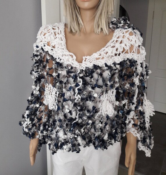 Frost Flowers Bloom Crochet Poncho Lacy Soft Wrap Flowy Etsy