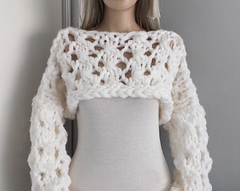 Funny, THICK Lacy Shrug, Lacy Knit Bolero, Long Sleeved Shrug, Hand Knit Sweater, 8 inches high, Lacy Sweater, Hand Knit Shrug