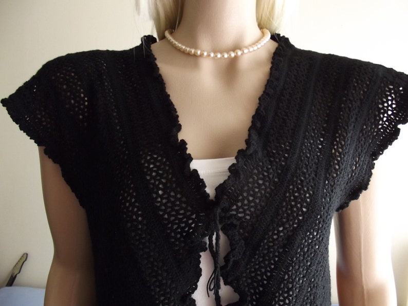 V Neck Crochet Sweater Lacy Vest Back Detail Ruffled Vest Lacy Sweater Black Vest Fine Vest Crochet Vest Bias Vest OOAK Vest