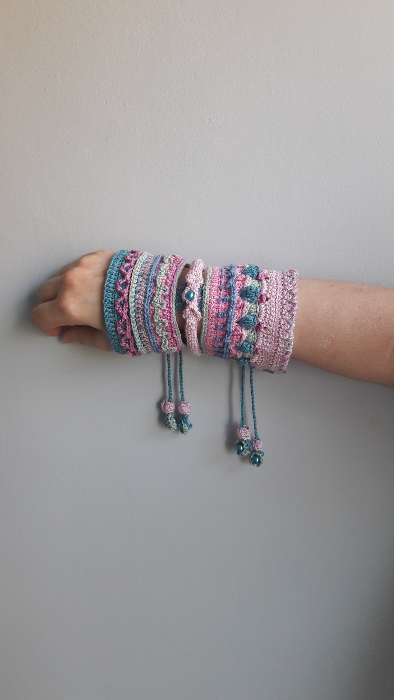 Sunshine 3D Motives Crochet Mandala Cuff Two Sided Multi Color 3 Pieces Bracelet Double Sided Reversible Bracelet Beaded Tie Cords