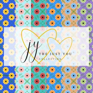 May include: A selection of floral patterns in shades of blue, pink, red, orange, and green. The designs showcase stylized flowers and leaves. The image also features the text "jy THE JUST YOU COLLECTION" within a heart-shaped outline.