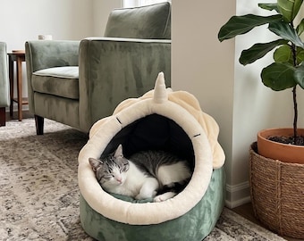 Lit pour chat licorne, nid semi-fermé en peluche, grotte moderne vert sauge