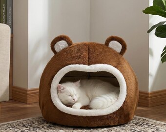 Plush Bear Cat Bed – Warm Enclosed Pet Nest for Winter Highlands