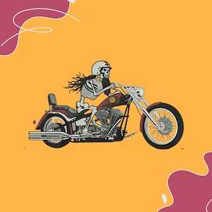 May include: Illustration of a skeleton riding a motorcycle. The skeleton wears a helmet and has long hair and a beard. The motorcycle is red and black with chrome details, set against a yellow background with abstract shapes.