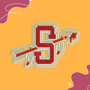 Desenho de bordado com seta em forma de letra S – Monograma de aplique universitário (PES, DST)