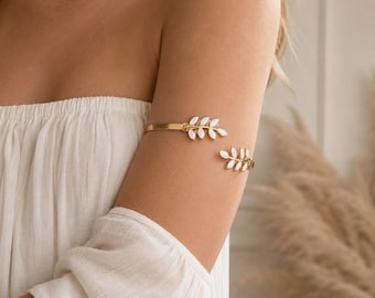 Gold Leaf Arm Cuff Bracelet, Greek Goddess Armlet, Adjustable Bridal Jewelry