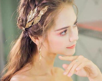 Gold Olive Leaf Bridal Crown, Handmade Vintage Wedding Headpiece, Boho Goddess Tiara