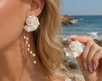 Natural Shell Asymmetrical Pearl Drop Earrings, Coastal Wedding Jewelry, Boho outfits