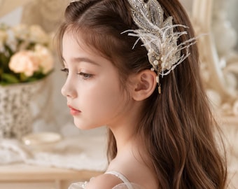 Handmade Feather Pearl Hair Clip, Embroidered Leaf Bridal Accessory