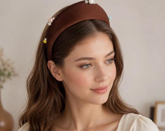Pearl Padded Headband, Wide Satin Hair Band, Vintage Coquette Accessory
