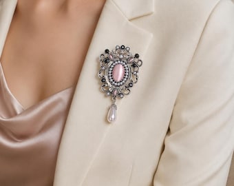 Victorian Faux Pearl Brooch, Cat Eye Stone Pin, Antique Silver Finish Accessory