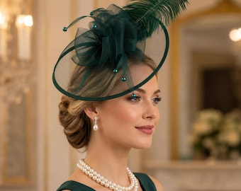 Kentucky Derby Fascinator Hat, Feather Organza Flower Headpiece, Wedding Guest Headband