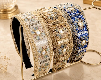 Baroque Embroidered Headband, sequins Floral Hairband, Vintage Royal Crown Women's Accessory