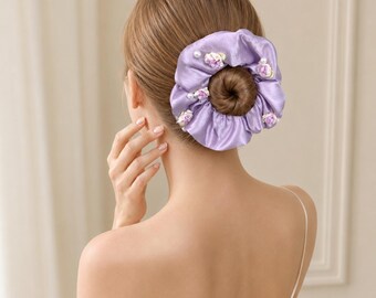 Oversized Satin Scrunchie, Pearl Floral Hair Tie, Balletcore Wedding Accessory