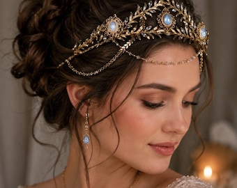 Exotic Bridal Crown Headpiece, Vintage Gold Boho Wedding Tiara, Regal Ethereal Headband