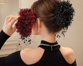 Statement Floral Hair Clip, Black Beaded Tassels, Gothic Bridal Accessory