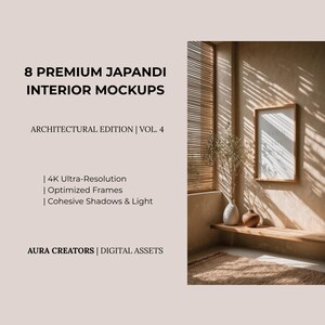 Puede incluir: Maqueta de interior de estilo Japandi. La imagen muestra una habitación con un banco de madera, obras de arte enmarcadas y jarrones decorativos. El texto dice "8 Premium Japandi Interior Mockups" y "Architectural Edition | Vol. 4".