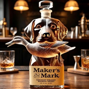 Puede incluir: Una botella de whisky bourbon Maker's Mark con un diseño único. La botella tiene forma de cabeza de perro, sosteniendo un pato en la boca. La etiqueta dice "Maker's Mark Kentucky Straight Bourbon Whisky". La botella está en una barra de madera.