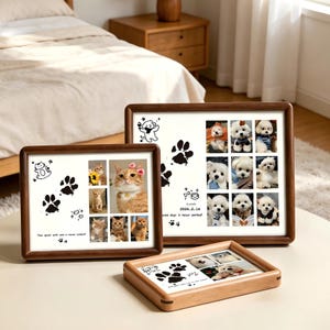 Puede incluir: Marcos de fotos de madera con diseños temáticos de mascotas. Los marcos presentan huellas de patas, ilustraciones de dibujos animados y collages de gatos y perros. Los marcos son de varios tamaños y formas, con un acabado marrón cálido.