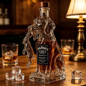 Puede incluir: Una botella de whisky de vidrio transparente con forma de perro sosteniendo un conejo, llena de líquido ámbar. La botella tiene un tapón de madera y una etiqueta negra que dice "Jack Daniel's Tennessee Whiskey". Cubitos de hielo y vasos en el fondo.
