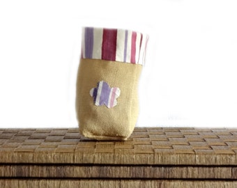 Kitchen storage basket, burlap basket with pink to violet stripes fabric, home decor