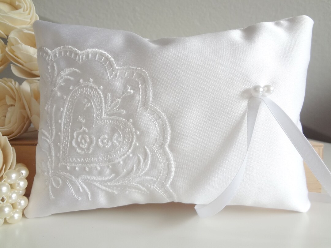 White satin ring bearer pillow, luxury ring pillow with embroidery