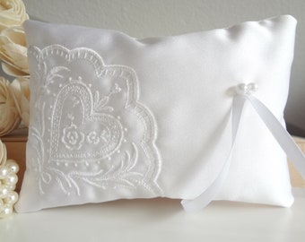 White satin ring bearer pillow, luxury ring pillow with embroidery, embroidered wedding ring pillow, pillow ring, ring cushion wedding
