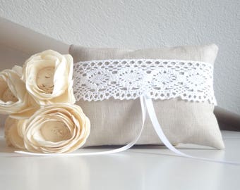 Wedding pillow for ring bearer natural linen and cotton lace