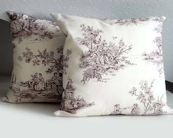 Cushion cover, cottage chic, toile de jouy pillow, pillow case, 16 x 16, beige and brown, pillow cover, romantic Cushion Cover,