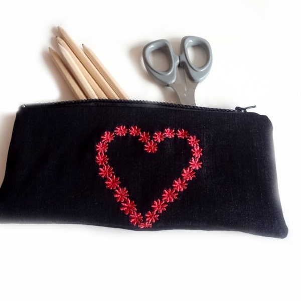 Fabric pencil case, denim pouch, small pencil case, zipper pouch with embroidered heart