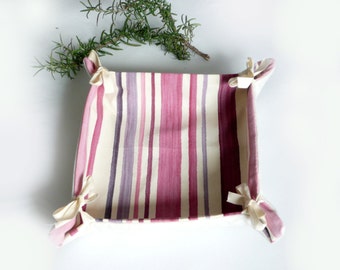 Bread basket in pink purple white striped fabric