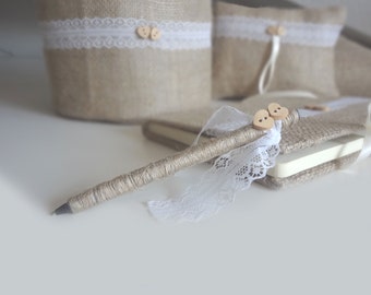 Burlap wedding set, wedding pillow, flower girl basket, guestbook and pen